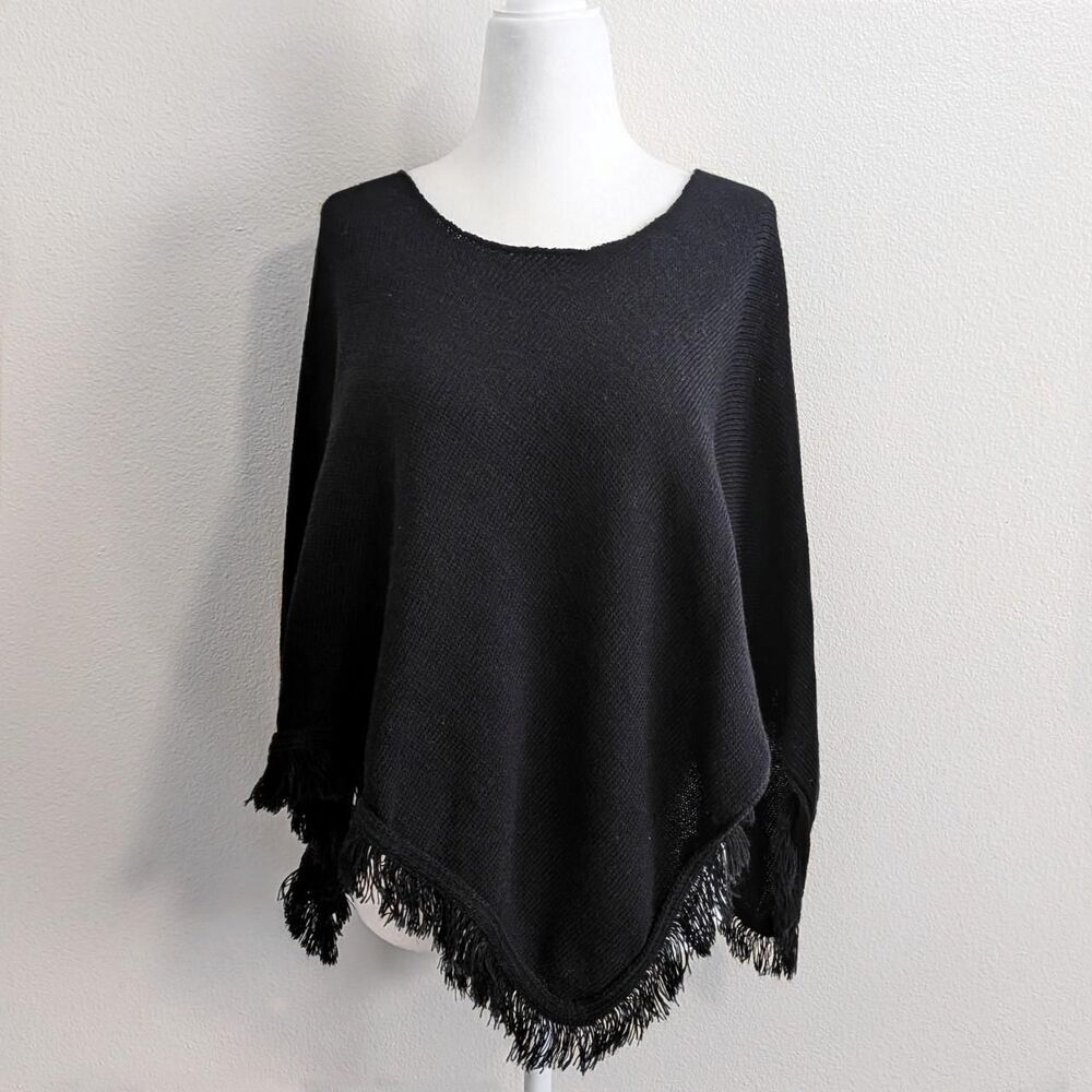 Vintage No Boundaries Black Gothic Knitted Poncho With Fringe Trim | Size OS